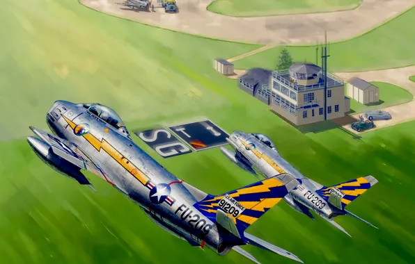 Картинка war, art, painting, aviation, jet fighter, North American F-86 Sabre