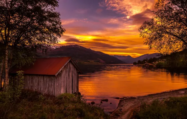 Картинка закат, озеро, Норвегия