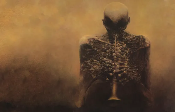 Картинка мрак, кости, скелет, пальцы, zdzislaw beksinski, дудка