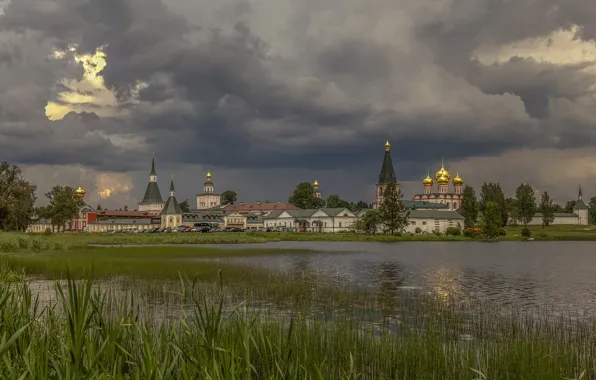 Картинка трава, пейзаж, тучи, природа, озеро, Валдай, Елена Гусева, Иверский монастырь