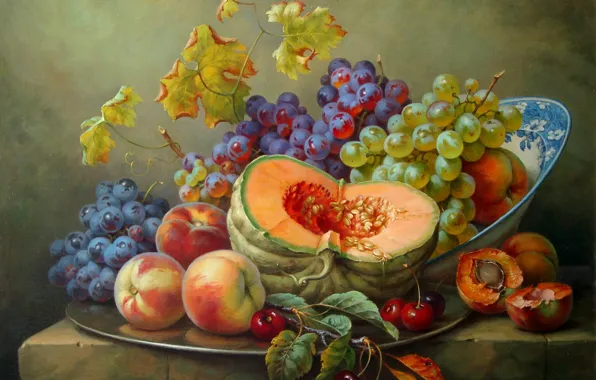 Картинка вишня, виноград, тыква, натюрморт, живопись, персики, Gabor Toth