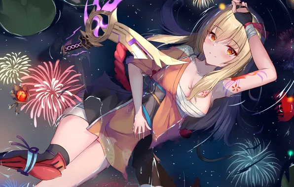 Девушка, пруд, отражение, оружие, фейерверки, Genshin Impact, Yoimiya