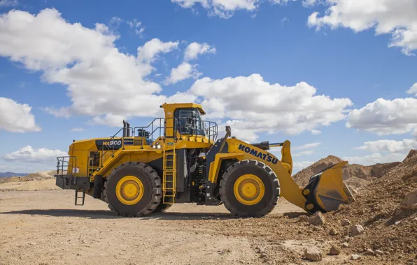 Песок, небо, ковш, грунт, большие колёса, карьерный погрузчик, Komatsu, Komatsu WA900