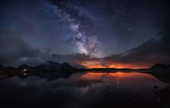 Картинка небо, звезды, свет, горы, ночь, млечный путь, фьорд