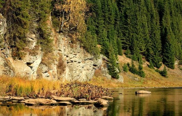 Осень, деревья, река, камни, скалы, Россия, Пермский край, Койва