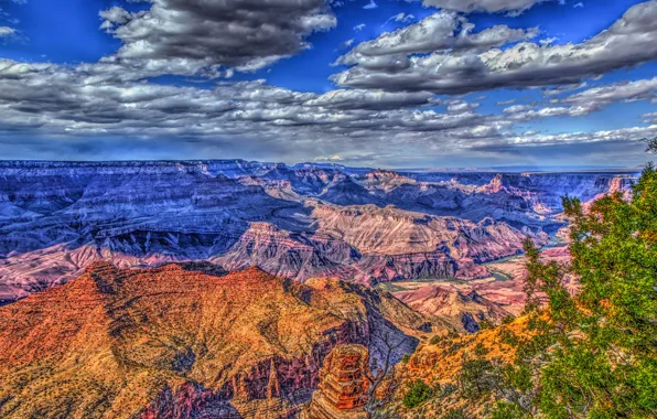 Небо, солнце, облака, деревья, скалы, HDR, каньон, ущелье