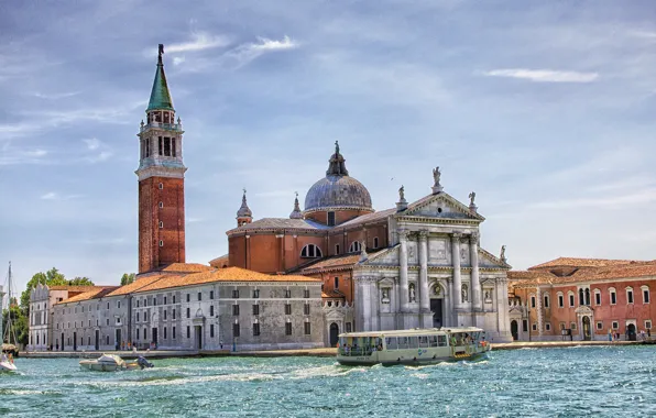 Картинка небо, катер, Италия, церковь, Венеция, канал, колокольня, Сан-Джорджо Маджоре