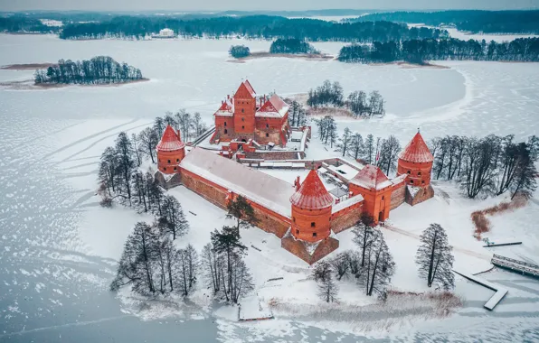 Зима, замок, Trakai, Lietuva