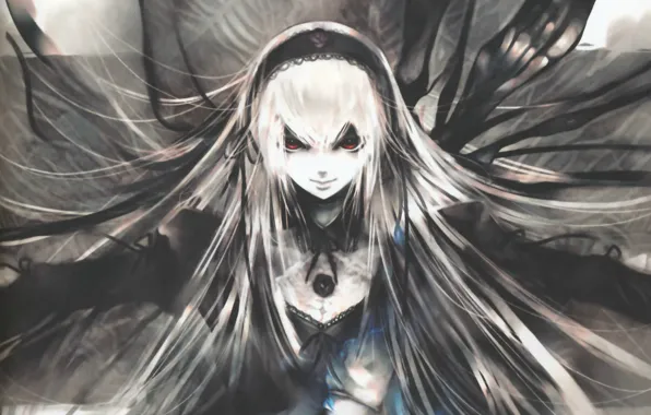 Лицо, магия, крылья, кукла, красные глаза, rozen maiden, suigintou, art