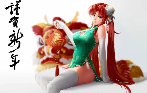 Девушка, дракон, арт, иероглифы, белый фон, рыжая, touhou, хвостики