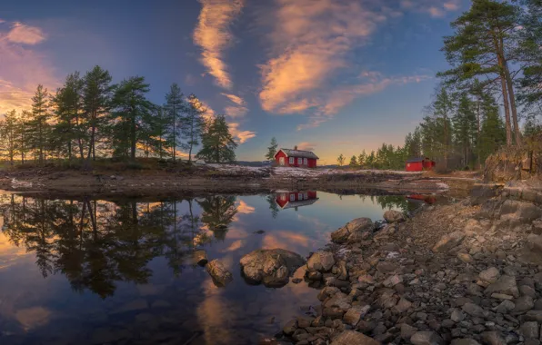 Деревья, закат, озеро, отражение, вечер, Норвегия, домики, Norway