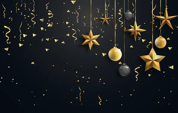 Украшения, шары, Рождество, Новый год, golden, christmas, черный фон, new year