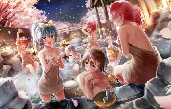 Girl, sexy, pool, long hair, brown hair, brown eyes, boobs, anime