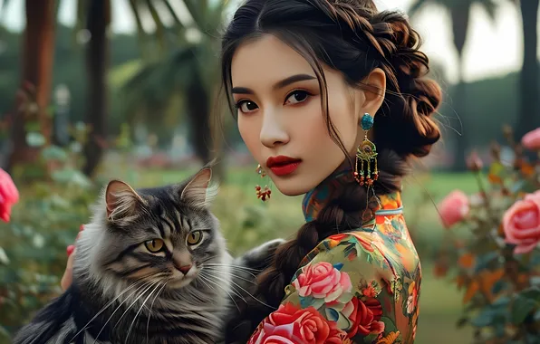 Кот, девушка, серьги, платье, китаянка, азиатка, коса плетёная