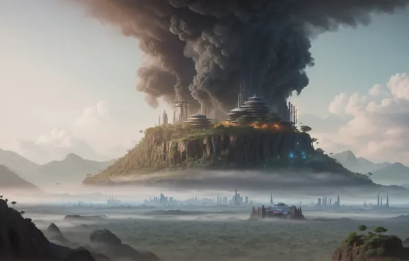 Future, landscape, art, fantastic, cataclysm, digital art, city​​, mount