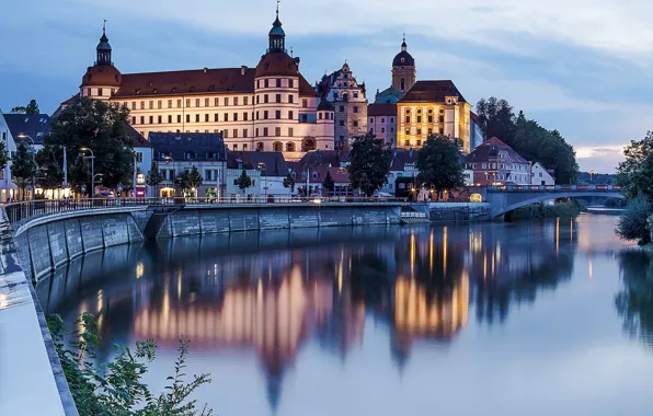 Деревья, мост, река, дома, вечер, Германия, Neuburg