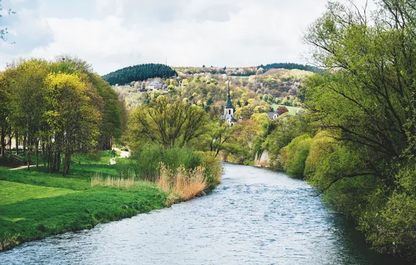 Grass, river, trees, nature, Germany, way, beauty, village