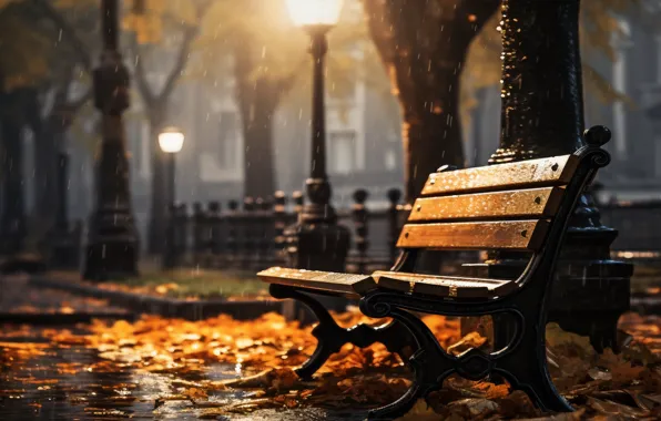 Осень, листья, скамейка, парк, trees, night, park, autumn