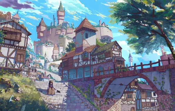 Картинка трава, деревья, город, дома, лестница, башни, голубое небо, каменный мост