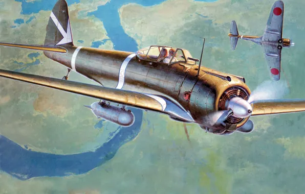 Картинка небо, рисунок, арт, самолёты, японские, WW2, армейские, Nakajima Ki-43 Hayabusa