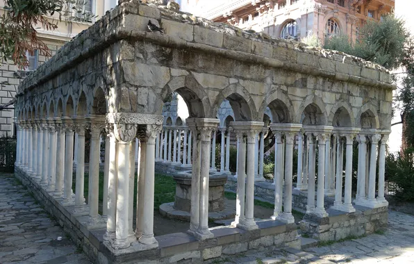 Двор, Италия, развалины, колонны, руины, Генуя, дом Колумба