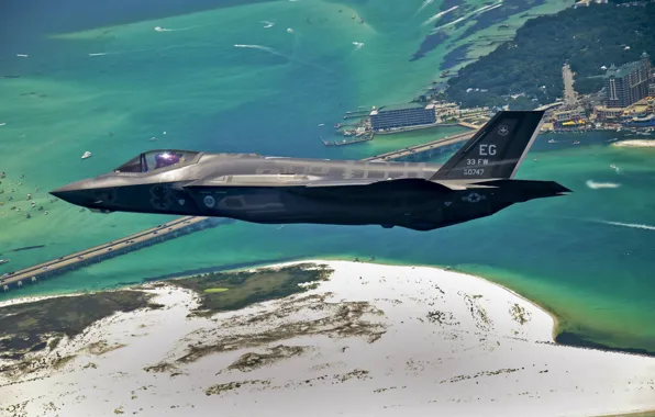 Море, полет, земля, истребитель, бомбардировщик, Lightning II, F-35