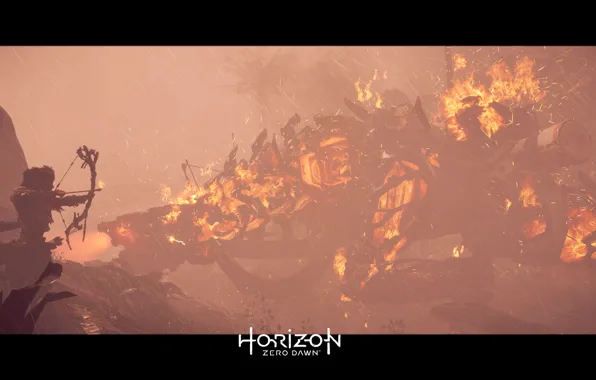 Девушка, Робот, Огонь, Дождь, Мех, Лук, PS4 Pro, Horizon Zero Dawn