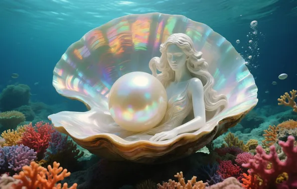 Раковина, кораллы, Венера, под водой, морское дно, digital art, жемчужина, перламутр