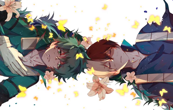 Бабочки, цветы, лилии, парни, Boku no Hero Academia, Мидория Изуку, Тодороки Шото, Моя геройская акадеимя