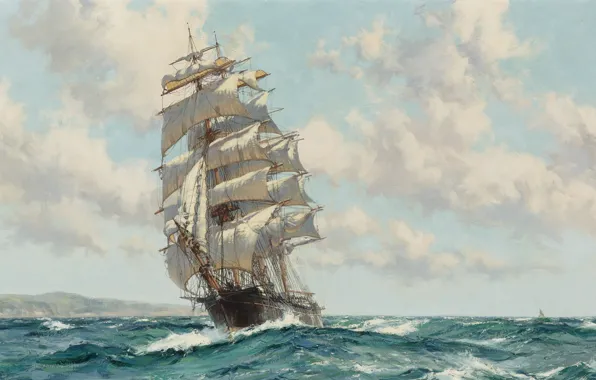 Море, волны, фрегат, живопись маслом, парусный корабль