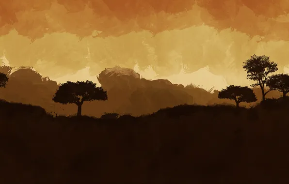 Деревья, закат, рисунок