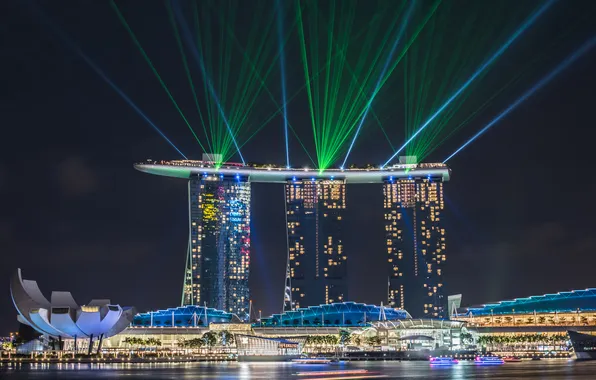 Картинка свет, город, огни, цвет, вечер, Сингапур, лазеры, отель