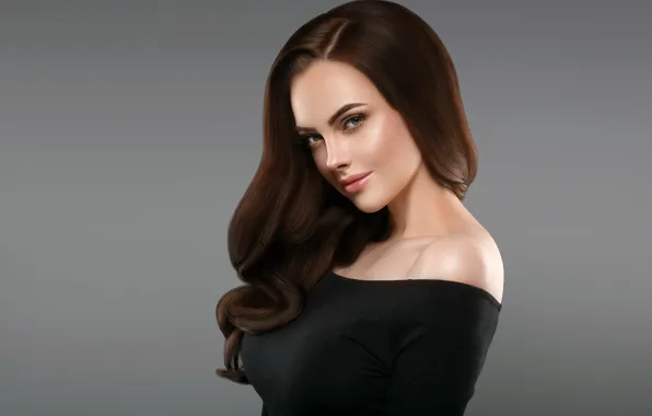 Взгляд, поза, волосы, макияж, woman, локоны, hair, brunette