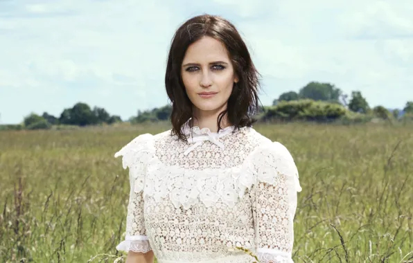 Поле, взгляд, платье, актриса, брюнетка, красивая, Ева Грин, Eva Green