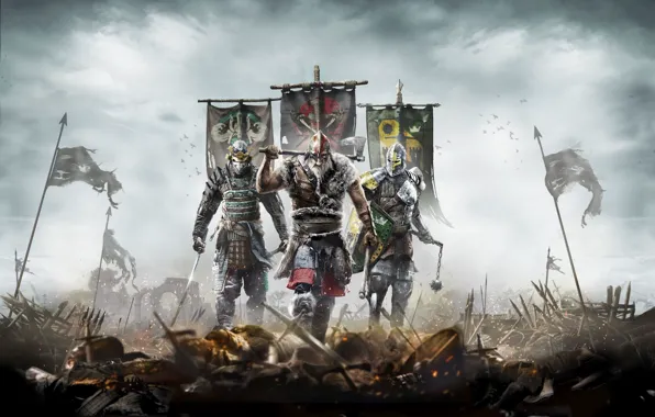 Картинка доспехи, самурай, флаги, рыцарь, Ubisoft, викинг, For Honor