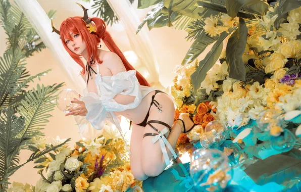 Картинка cleavage, model, women, redhead, cosplay, kneeling, Surtr, video game girls