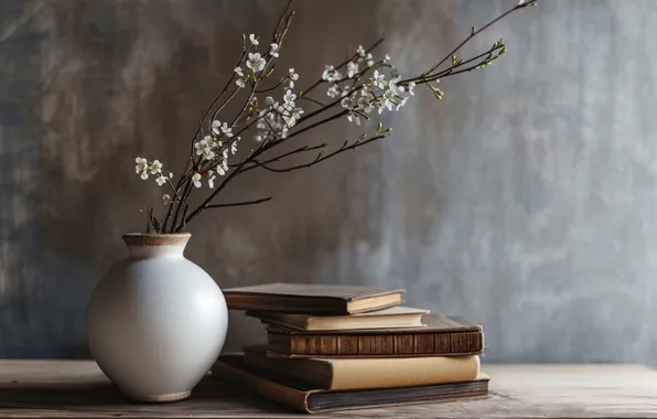 Книги, букет, ваза, натюрморт, серый фон, ИИ-арт, нейросеть