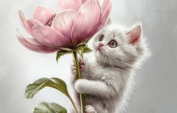 Весна, Кошка, Котенок, Арт, Розовый цветок, Нейросеть, ИИ АРТ