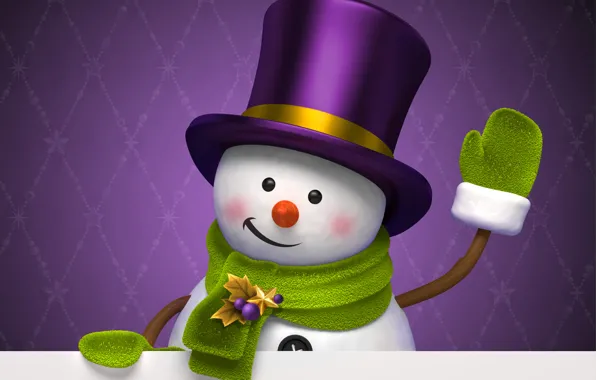 Картинка зима, фиолетовый, праздник, графика, новый год, рождество, шляпа, снеговик