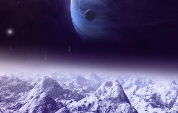 Картинка lights, moon, mountains, planets, satellite, space ships, Sci Fi