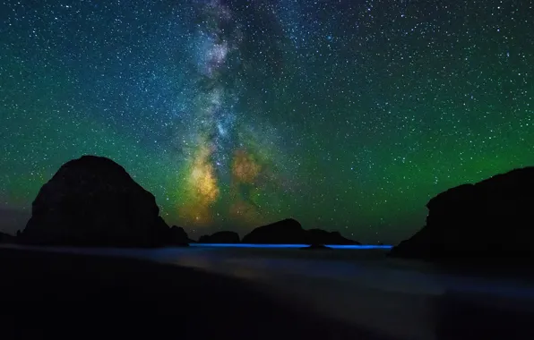 Небо, звезды, ночь, скалы, силуэт, Орегон, США, Cape Sebastian State Scenic Corridor