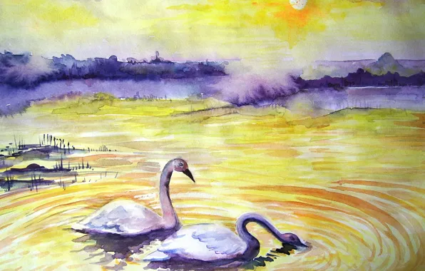 Картинка пейзаж, акварель, лебеди