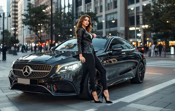 Girl, City, Mercedes, Car, Parking, AI Art, AI Generated