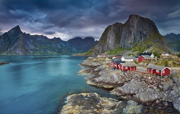 Картинка море, небо, горы, дома, Норвегия