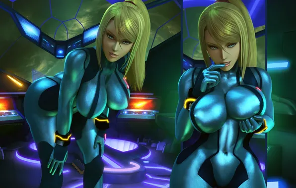 Грудь, девушка, тело, сиськи, блондинка, костюм, Nintendo, samus aran