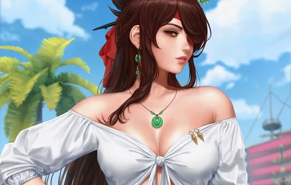 Girl, sexy, cleavage, blouse, long hair, boobs, anime, beautiful