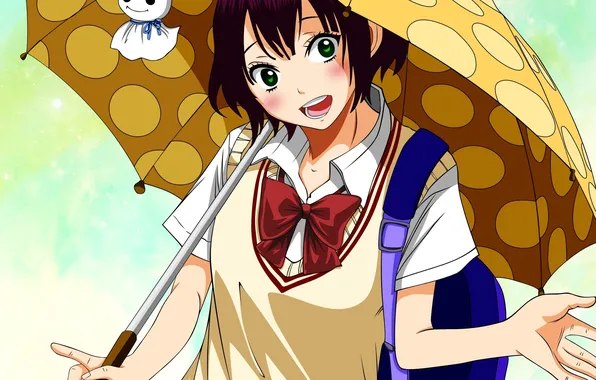 Картинка девушка, зонт, арт, портфель, бант, манга, yamada-kun to 7-nin no majo, miyabi itou