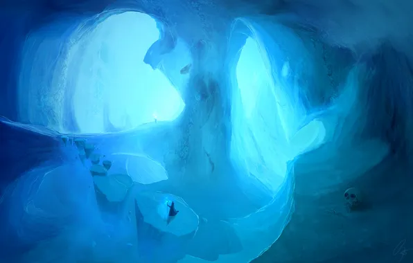 Картинка человек, череп, лёд, ледник, пещера, JoeJesus
