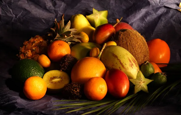 Картинка стол, кокос, ткань, лайм, груша, фрукты, манго, ананас