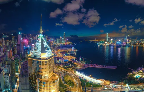 Гонконг, панорама, залив, ночной город, небоскрёбы, Hong Kong, Causeway Bay, Козуэй-Бей